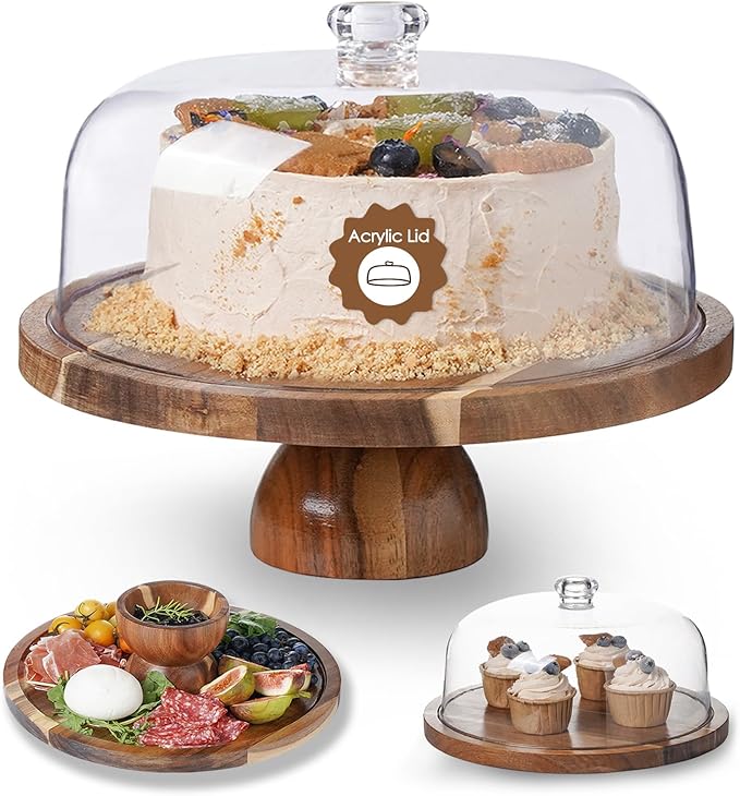 Kanwone Acacia Wood Cake Stand with Acrylic Lid -